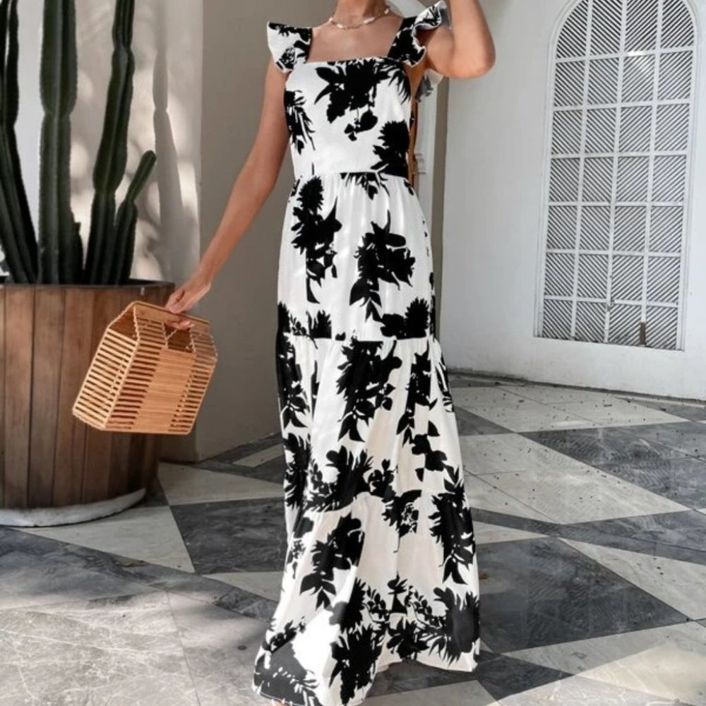 black floral butterfly sleeve ruffle hem tie back dress - Picture 4 of 8